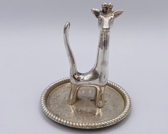 Vintage Silver Plated Giraffe Ring Holder Sitting on a Silver Floral Tray Ring Tree made in Hong Kong