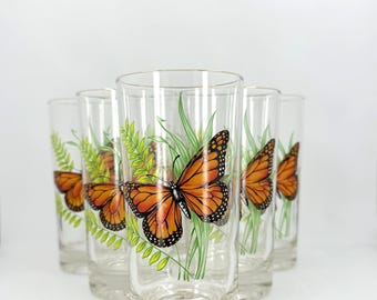 Vintage Monarch Butterfly Drinking Glass Tumblers- Set of 6