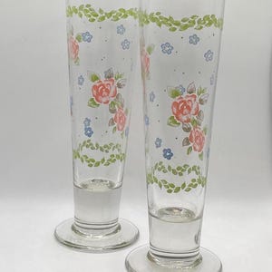 Set of Two Vintage Floral Pilsner Glasses with Roses and Blue Flowers, Footed Design