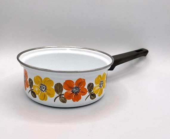 Casserole émaillée Verte Vintage Années 70 - Motifs Floraux