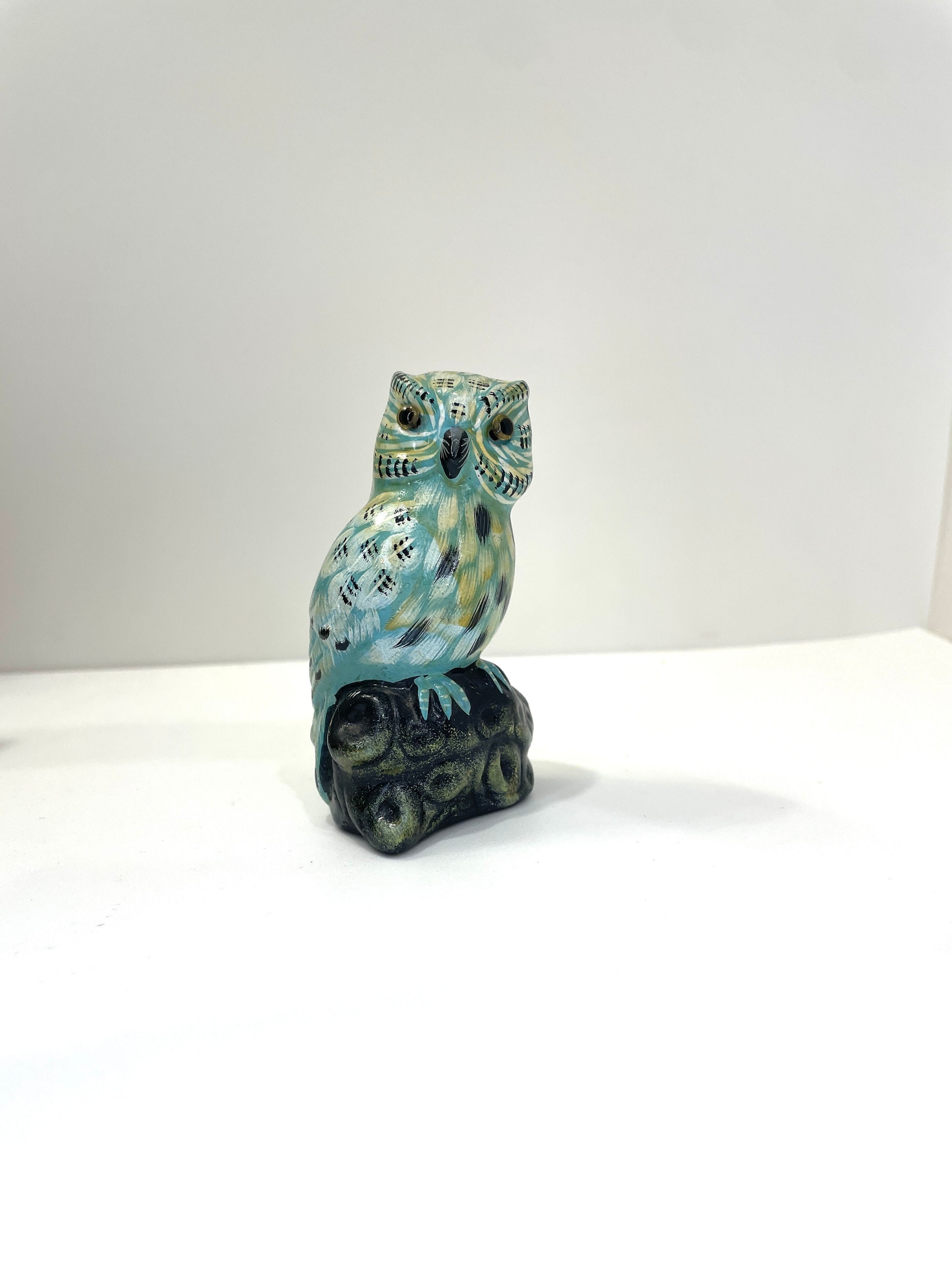 Studio Pottery Owl Figurine - Hand-Painted with Vintage Wear