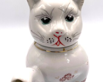 ヴィンテージ猫型ティーポット - 台湾製、取り外し可能な蓋、欠けや