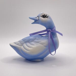 Vintage Abstract Blue Goose Figurine with Glitter Finish and Purple Ribbon