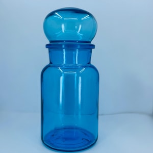 Vintage 1970&#39;s  Blue Glass Belgium Apothecary Jar with Bubble Lid