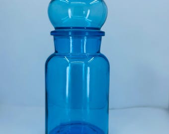 Vintage 1970&#39;s  Blue Glass Belgium Apothecary Jar with Bubble Lid