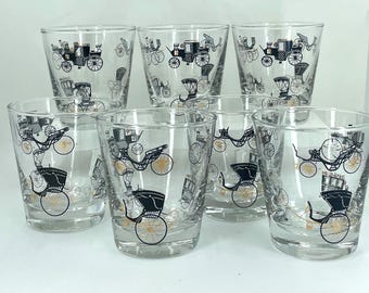 Set van 7 vintage Libbey-glazen van 6 oz met wagenontwerp – gouden accenten, midden van de eeuw