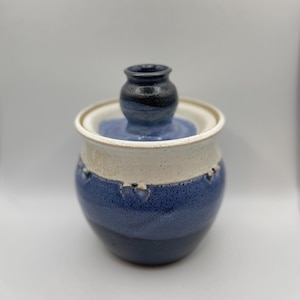 Artist-Signed Blue and White Stoneware Pottery Jar with Candle Holder Lid – Excellent Condition