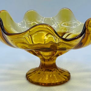 Vintage Fenton Amber Glass Ruffled Compote Dish
