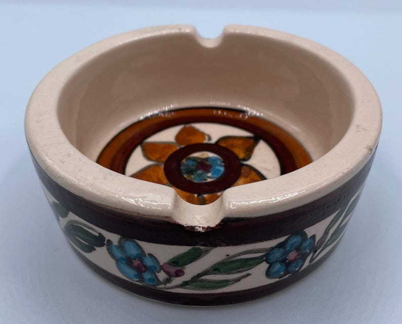 Vintage Studio Pottery Ashtray Handpainted Folk Art by Horesh, Made in
