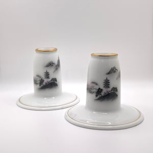 Vintage Pair of Fukagawa Arita Japan &quot;Landscape&quot; Hand Painted Candle Stick Holders
