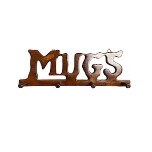 Vintage Wooden &#39;MUGS&#39; Wall Hanging Rack with Pegs