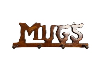 Vintage Wooden 'MUGS' Wall Hanging Rack with Pegs