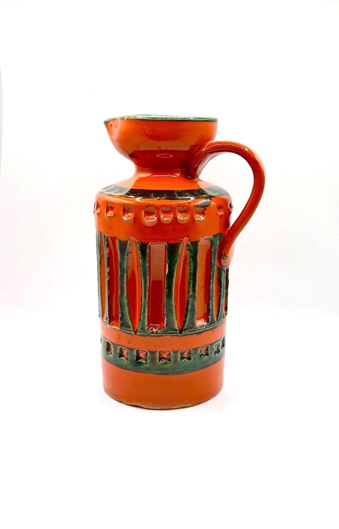 Vintage Italian Pottery Pitcher – Bitossi Style – Orange & Green Glaze ...