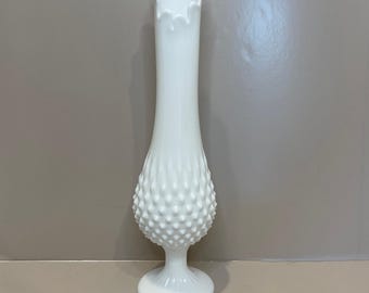 Vintage Fenton Hobnail Milk Glass Footed Vase with Scalloped Rim