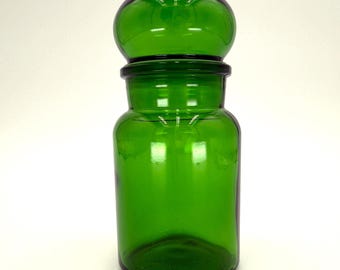 Vintage 1970's Green Belgium Apothecary Glass Jar with Bubble Lid