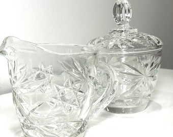 Vintage Pressed Glass Creamer and Lidded Sugar Bowl Set – Starburst Design