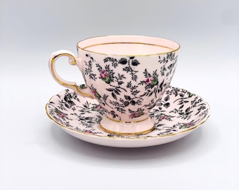 tasse à thé et soucoupe en porcelaine de Toscane vintage - bordure florale dorée, fabriquée en Angleterre