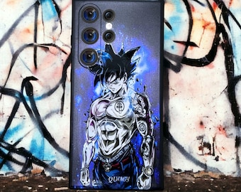 Coque Samsung bleue encrée DBZ Goku inspirée des dessins animés, fine antichoc avec doublure douce en microfibre