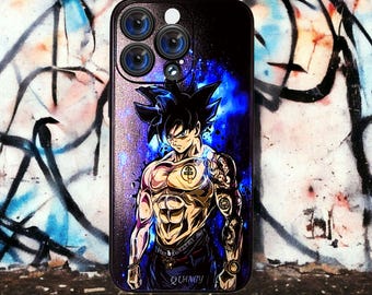 Coque pour iPhone bleue encrée DBZ Goku inspirée des dessins animés, fine antichoc avec doublure douce en microfibre