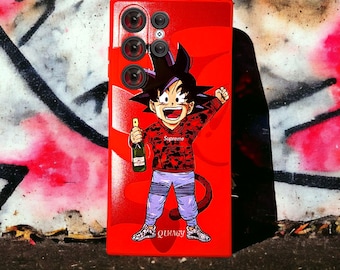 Coque Samsung DBZ Goku Party Goer rouge inspirée des dessins animés, fine antichoc avec doublure douce en microfibre