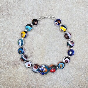 Vintage Millefiori Beaded Bracelet: Sterling Silver Hand-Painted Glass