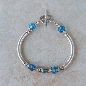 Sterling Silver Swarovski Bracelet, Swarovski Crystal Beaded Bracelet, Bangle Style Bracelet, Bracelet for March Birthday, Blue Bracelet