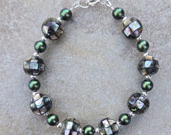 Sterling Silver Abalone & Swarovski Pearl Bracelet - Vintage Inlaid Shell, Abalone Jewelry, Swarovski Jewelry, Abalone Shell Bracelet