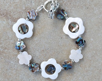 Sterling Silver Abalone Flower Bracelet, Paua Shell Bracelet, Mother of Pearl and Abalone Shell Bracelet, Floral Abalone Jewelry for Her