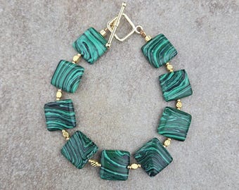 Gold Malachite Bracelet, Synthetic Malachite Bracelet, Gold Malachite Jewelry, Gold Plated Bracelet