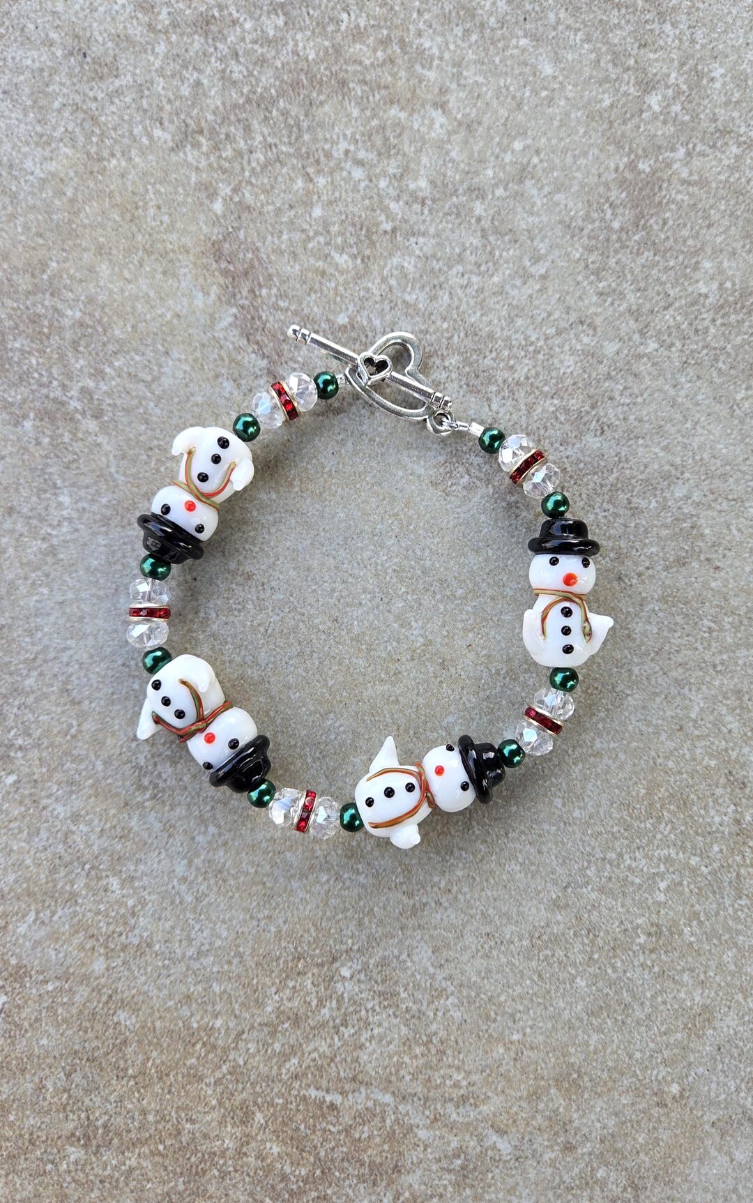 Snowman Christmas Bracelet Crystal, Glass Pearl, and Pewter Holiday