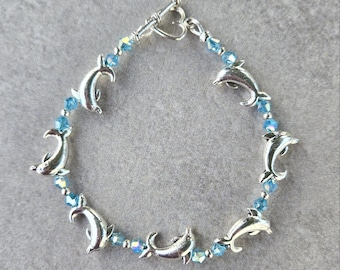 Sterling Silver and Metal Dolphin Bracelet, Crystal Sea Life Jewelry, Dolphin Jewelry, Dolphin Lover Gift, Ocean Jewelry, Sea Life Bracelet