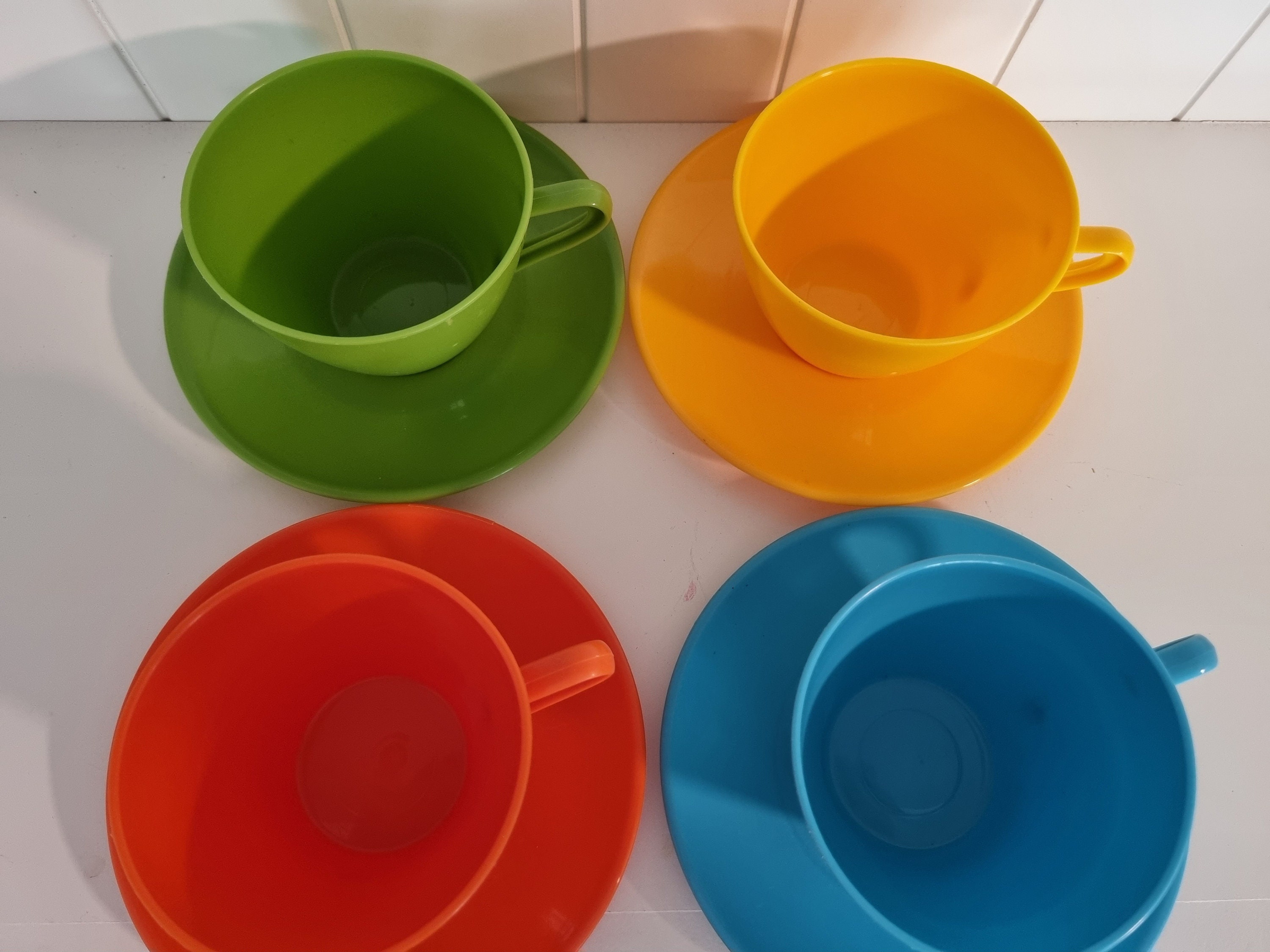 Retro Plastic Cups and Saucers Vintage Set of Colourful Cups Etsy