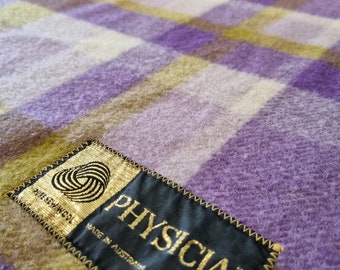Retro Pure Wool Physician Blanket - vintage made in Australia mothproof bedding purple, green, white, label, 100%, check, pattern, vibrant