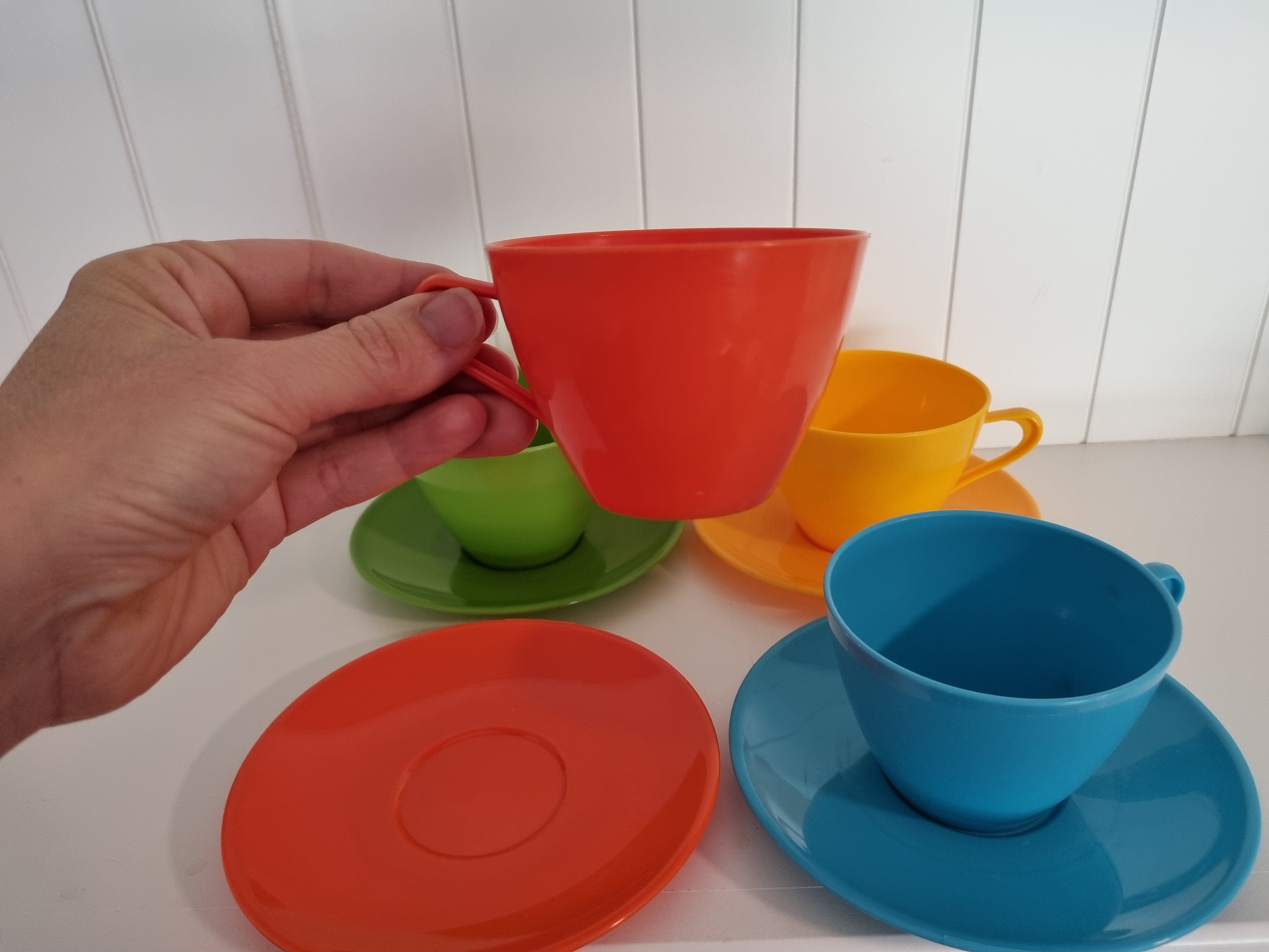 Retro Plastic Cups and Saucers Vintage Set of Colourful Cups Etsy