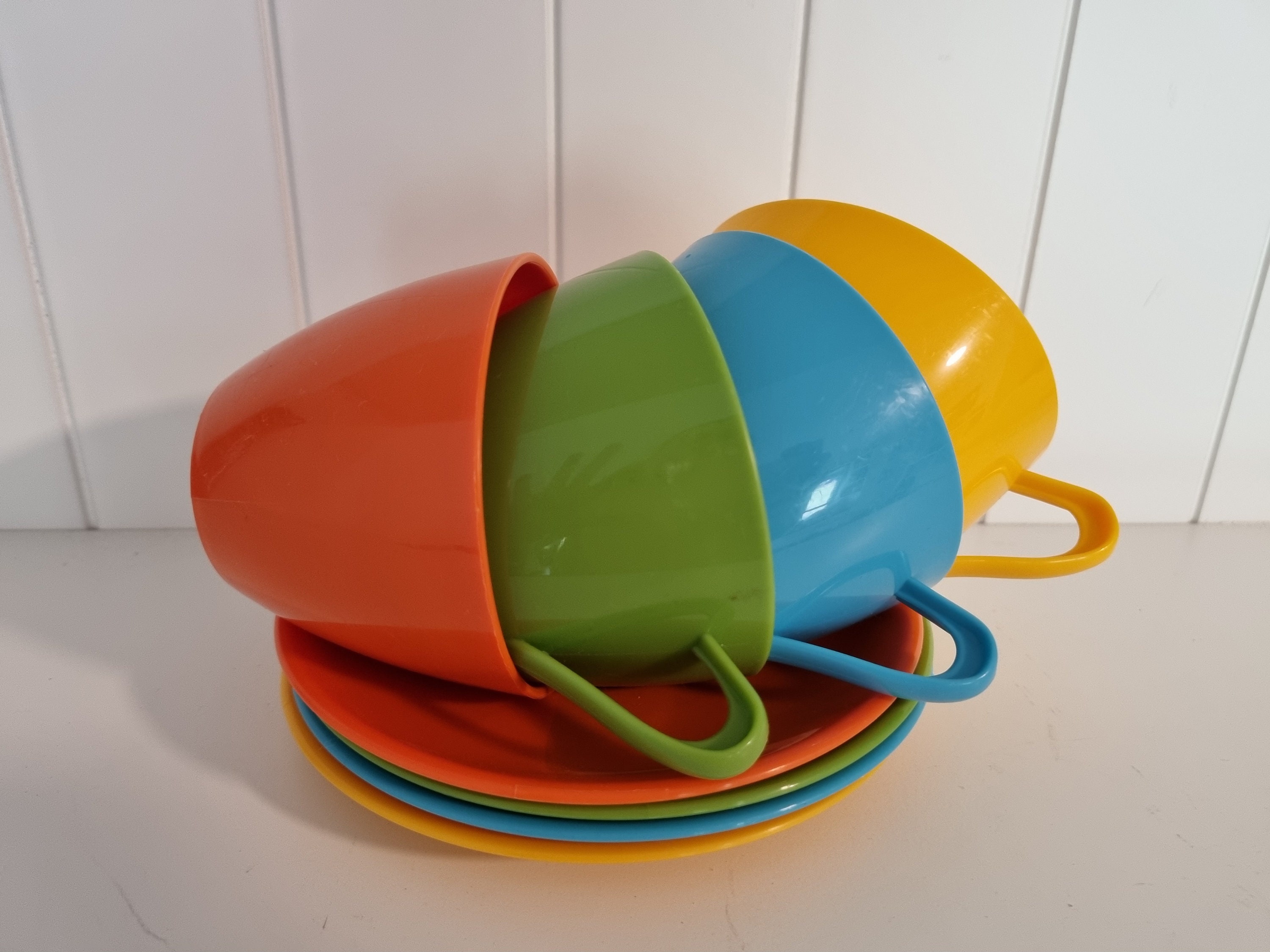 Retro Plastic Cups and Saucers Vintage Set of Colourful Cups Etsy