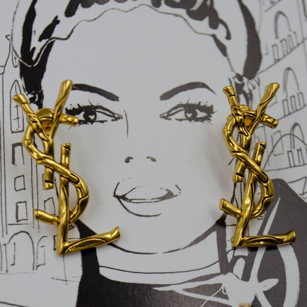 Designer Initials Aged Gold metal studs earrings