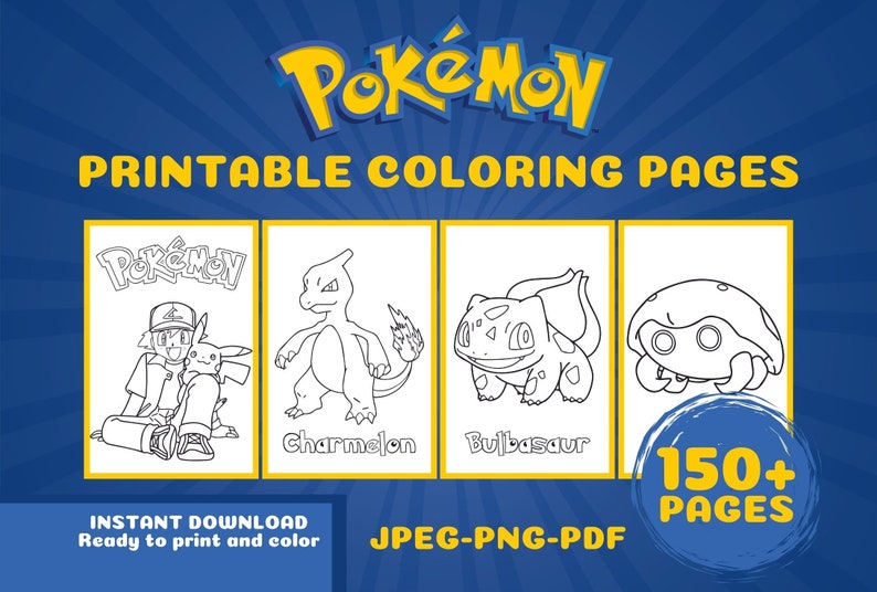 150+ Pokemon Printable Coloring Pages, Digital Download, A4 Format for Childrens Creativity, Kid Coloring Pages, Pikachu, JPEG, PNG, PDF, pokemon coloring page, pokemon coloring sheets, coloring book pages pokemon, coloring book pages pokemon,