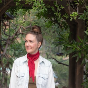 Peut inclure: Un foulard tricoté rouge vif noué simplement autour du cou, porté sur un haut vert olive foncé et une chemise en jean bleu clair boutonnée, dotée de deux poches poitrine et d'une petite étiquette rouge sur la couture de la poche gauche.