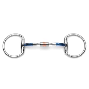 May include: A blue and silver snaffle bit with a copper roller. The bit has a D-ring design and is made by the brand "Pavalon".