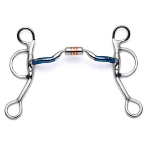 May include: A blue and silver horse bit with a copper roller and the word "CAVALO" engraved on the side.