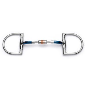 May include: A stainless steel D-ring horse bit with blue and copper accents. The bit features a blue bar with the word "CAVALON" and a copper-colored center piece. The D-rings are polished and shiny.