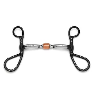 May include: A horse bit with a black finish on the side pieces and a silver and copper center. The bit has the word "CAVALON" printed on the silver portion. The bit is approximately 5 inches wide.