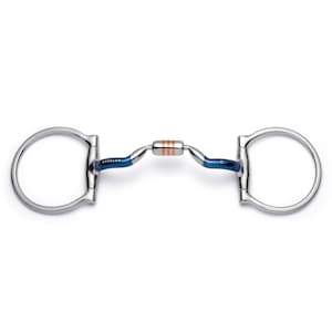 May include: A stainless steel D-ring horse bit with blue detailing and a copper centre. The bit features the brand name "CAVALON" and is designed for equestrian use.