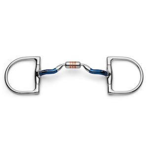 May include: A blue and silver horse bit with a copper mouthpiece. The bit has a D-ring on each end.