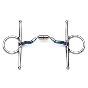 May include: A blue and silver horse bit with a copper roller. The bit has a loose ring on each end and a center piece with a copper roller.