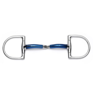May include: A blue, stainless steel, double jointed, loose ring snaffle bit with the word "CAVALOR" engraved on the mouthpiece.