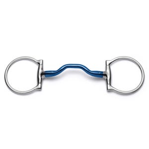 May include: A horse bit with a blue curved mouthpiece and silver D-rings. The brand name "CAVALOR" is printed on the bit. The bit is approximately 12.7 cm wide.