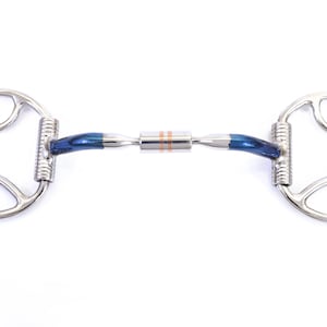 May include: A silver horse bit with a blue and silver mouthpiece and a roller on each side.