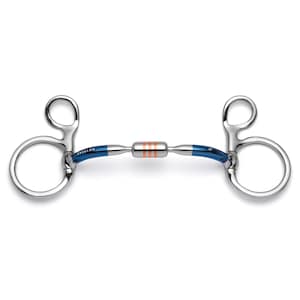 May include: A stainless steel horse bit with a blue and orange center bar. The bit has a curved design with a blue section and a central orange stripe. The bit is 5 inches wide.
