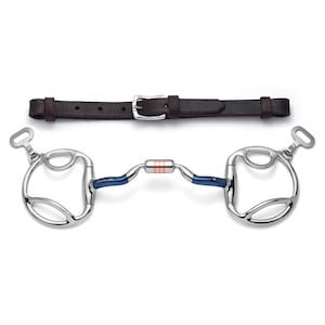 May include: A blue and silver horse bit with a copper roller and a brown leather browband with a buckle.